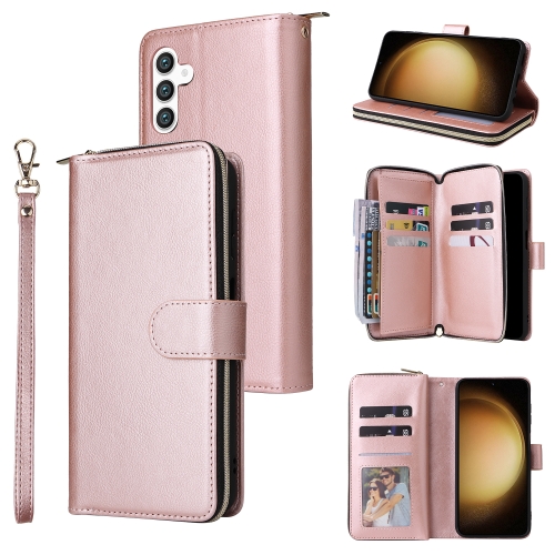 

For Samsung Galaxy S24+ 5G 9-Card Slots Zipper Wallet Bag Leather Phone Case(Rose Gold)