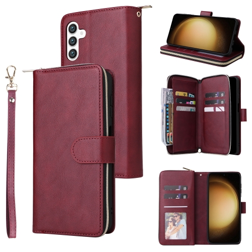 

For Samsung Galaxy S24+ 5G 9-Card Slots Zipper Wallet Bag Leather Phone Case(Wine Red)