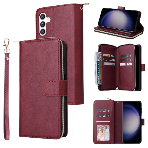 

For Samsung Galaxy S24 5G 9-Card Slots Zipper Wallet Bag Leather Phone Case(Wine Red)
