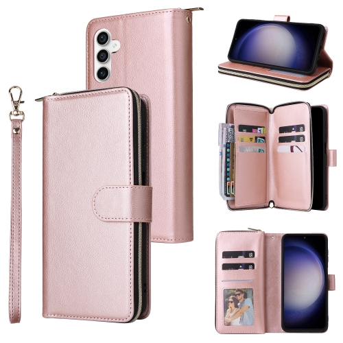 

For Samsung Galaxy S23 FE 5G 9-Card Slots Zipper Wallet Bag Leather Phone Case(Rose Gold)
