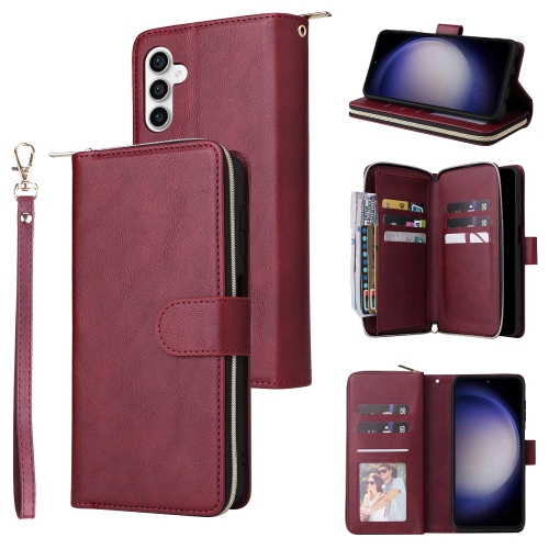 

For Samsung Galaxy S23 FE 5G 9-Card Slots Zipper Wallet Bag Leather Phone Case(Wine Red)
