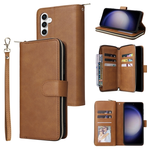 

For Samsung Galaxy S23 FE 5G 9-Card Slots Zipper Wallet Bag Leather Phone Case(Brown)