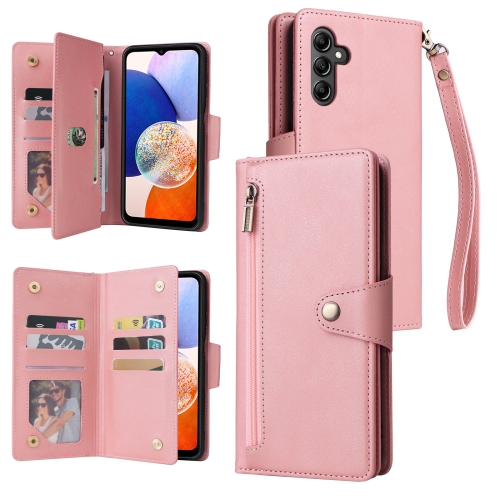 

For Samsung Galaxy A15 5G Rivet Buckle 9 Cards 3-Fold Wallet Leather Phone Case(Rose Gold)
