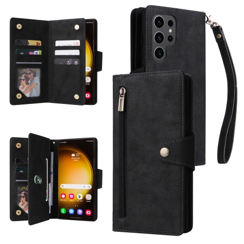 

For Samsung Galaxy S24 Ultra 5G Rivet Buckle 9 Cards 3-Fold Wallet Leather Phone Case(Black)
