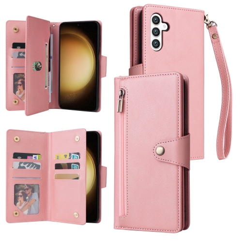 

For Samsung Galaxy S24+ 5G Rivet Buckle 9 Cards 3-Fold Wallet Leather Phone Case(Rose Gold)