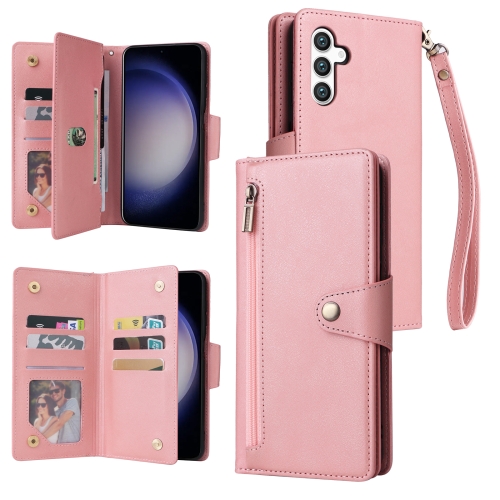 

For Samsung Galaxy S24 5G Rivet Buckle 9 Cards 3-Fold Wallet Leather Phone Case(Rose Gold)