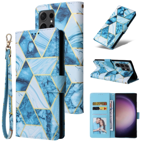 

For Samsung Galaxy S24 Ultra 5G Marble Bronzing Stitching Leather Phone Case(Blue)