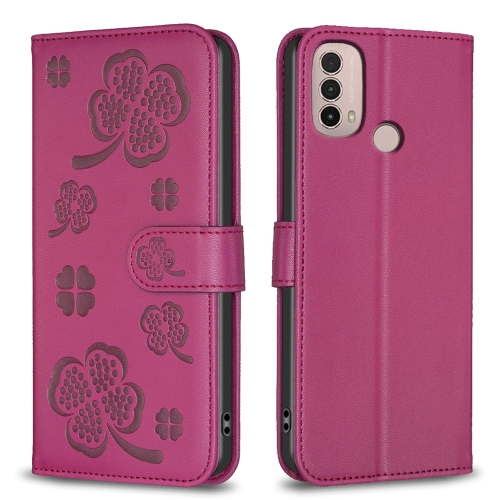

For Motorola Moto E40 / E30 Four-leaf Embossed Leather Phone Case(Rose Red)