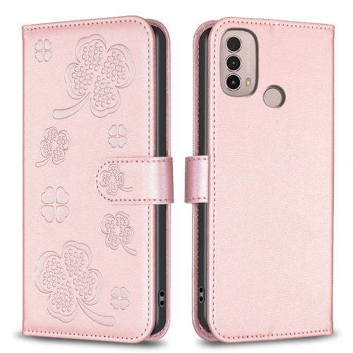 

For Motorola Moto E40 / E30 Four-leaf Embossed Leather Phone Case(Pink)