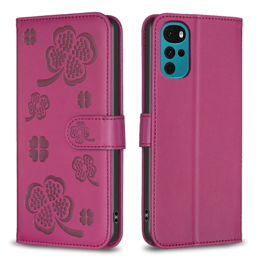 

For Motorola Moto G22 Four-leaf Embossed Leather Phone Case(Rose Red)