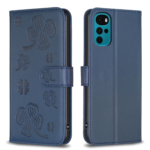 

For Motorola Moto G22 Four-leaf Embossed Leather Phone Case(Blue)