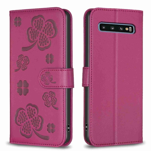 

For Samsung Galaxy S10 Four-leaf Embossed Leather Phone Case(Rose Red)