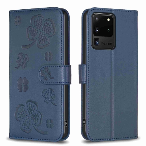 

For Samsung Galaxy S20 Ultra Four-leaf Embossed Leather Phone Case(Blue)