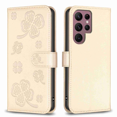 

For Samsung Galaxy S22 Ultra 5G Four-leaf Embossed Leather Phone Case(Gold)