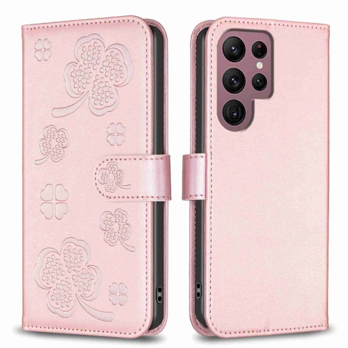 

For Samsung Galaxy S22 Ultra 5G Four-leaf Embossed Leather Phone Case(Pink)