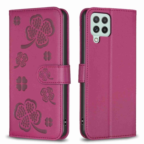 

For Samsung Galaxy A12 Four-leaf Embossed Leather Phone Case(Rose Red)