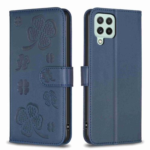 

For Samsung Galaxy A12 Four-leaf Embossed Leather Phone Case(Blue)