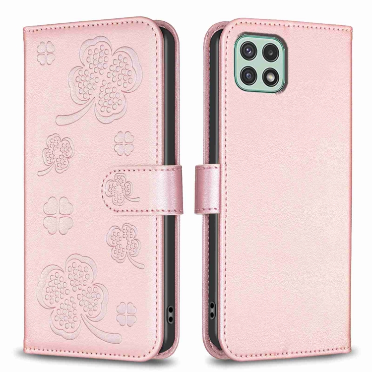 For Samsung Galaxy A22 5G Four-leaf Embossed Leather Phone Case(Pink)
For Samsung Galaxy A22 5G Four-leaf Embossed Leather Phone Case(Pink)