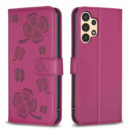 

For Samsung Galaxy A32 4G Four-leaf Embossed Leather Phone Case(Rose Red)
