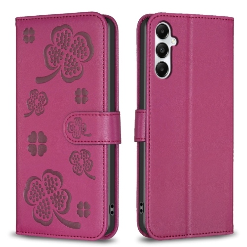 

For Samsung Galaxy A55 Four-leaf Embossed Leather Phone Case(Rose Red)