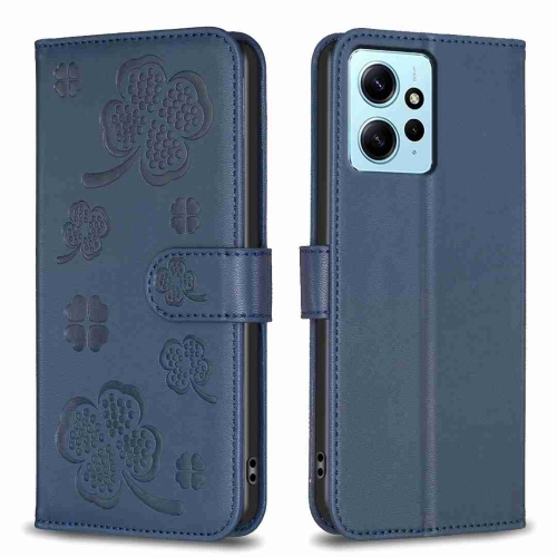 

For Xiaomi Redmi Note 12 4G Global Four-leaf Embossed Leather Phone Case(Blue)
