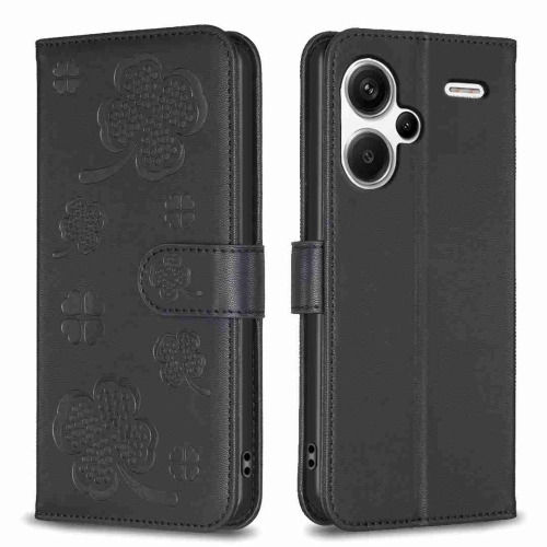 

For Xiaomi Redmi Note 13 Pro+ 5G Four-leaf Embossed Leather Phone Case(Black)
