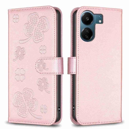 

For Xiaomi Redmi 13C Four-leaf Embossed Leather Phone Case(Pink)