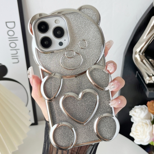 

For iPhone 14 Pro Bear Shape Electroplated TPU Phone Case with Gradient Glitter Paper(Silver)
