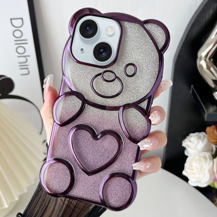 For iPhone 15 Bear Shape Electroplated TPU Phone Case with Gradient Glitter Paper(Purple)
For iPhone 15 Bear Shape Electroplated TPU Phone Case with Gradient Glitter Paper(Purple)