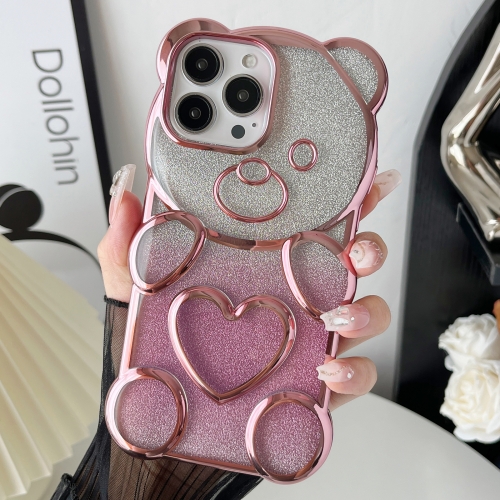 

For iPhone 15 Pro Bear Shape Electroplated TPU Phone Case with Gradient Glitter Paper(Pink)