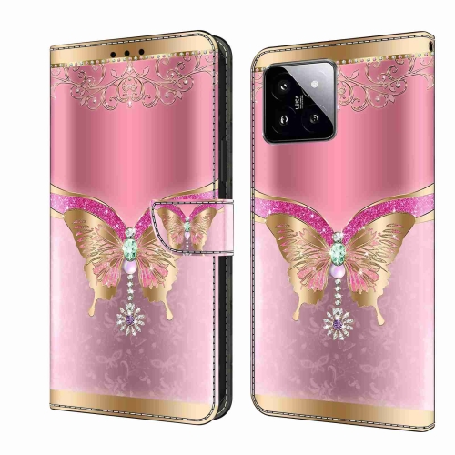

For Xiaomi 14 Pro Crystal 3D Shockproof Protective Leather Phone Case(Pink Bottom Butterfly)
