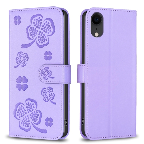 

For iPhone XR Four-leaf Embossed Leather Phone Case(Purple)