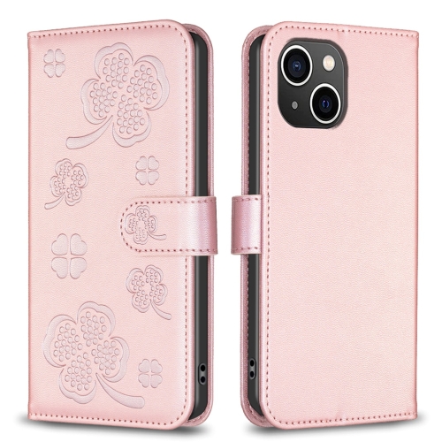 

For iPhone 14 Plus Four-leaf Embossed Leather Phone Case(Pink)