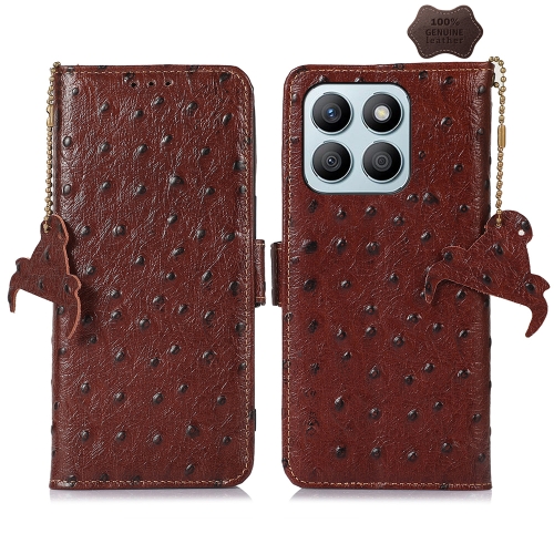 

For Honor X8b Ostrich Pattern Genuine Leather RFID Phone Case(Coffee)