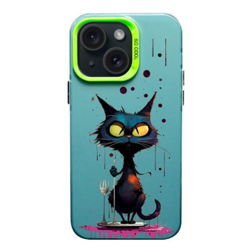 

For iPhone 15 Color Ink Frosted PC+TPU Phone Case(Black Cat)