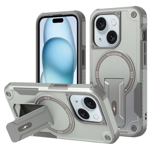

For iPhone 15 Plus MagSafe Holder Armor PC Hybrid TPU Phone Case(Grey)