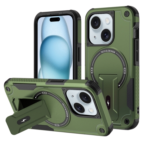 

For iPhone 15 Plus MagSafe Holder Armor PC Hybrid TPU Phone Case(Army Green)