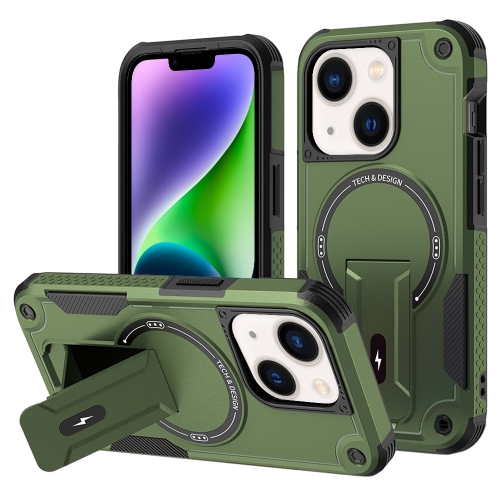 

For iPhone 14 Plus MagSafe Holder Armor PC Hybrid TPU Phone Case(Army Green)