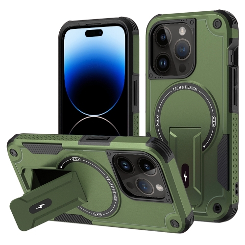 

For iPhone 14 Pro MagSafe Holder Armor PC Hybrid TPU Phone Case(Army Green)