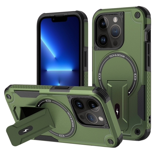 

For iPhone 13 Pro MagSafe Holder Armor PC Hybrid TPU Phone Case(Army Green)