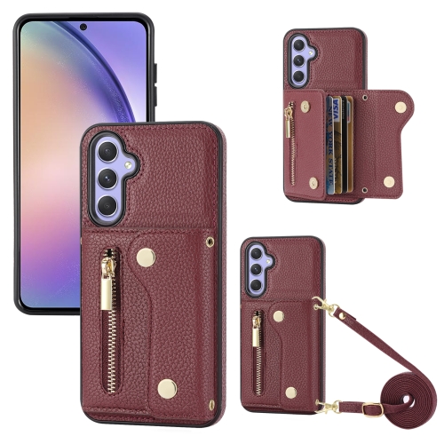 

For Samsung Galaxy S21 FE DF-09 Crossbody Litchi texture Card Bag Design PU Phone Case(Wine Red)