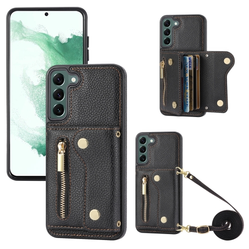 

For Samsung Galaxy S22+ DF-09 Crossbody Litchi texture Card Bag Design PU Phone Case(Black)