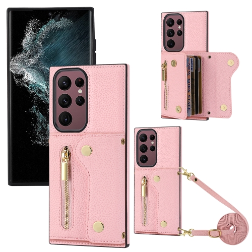 

For Samsung Galaxy S22 Ultra DF-09 Crossbody Litchi texture Card Bag Design PU Phone Case(Pink)