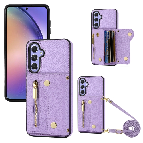 

For Samsung Galaxy S24 DF-09 Crossbody Litchi texture Card Bag Design PU Phone Case(Purple)