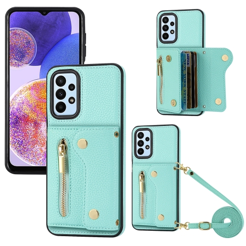 

For Samsung Galaxy A15 DF-09 Crossbody Litchi texture Card Bag Design PU Phone Case(Cyan)