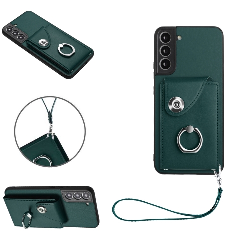 

For Samsung Galaxy S22 5G Organ Card Bag Ring Holder PU Phone Case with Lanyard(Green)