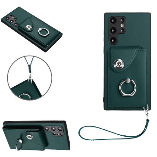 

For Samsung Galaxy S22 Ultra 5G Organ Card Bag Ring Holder PU Phone Case with Lanyard(Green)