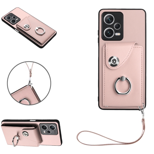 

For Xiaomi Poco X5/Redmi Note 12 5G Global Organ Card Bag Ring Holder PU Phone Case with Lanyard(Pink)