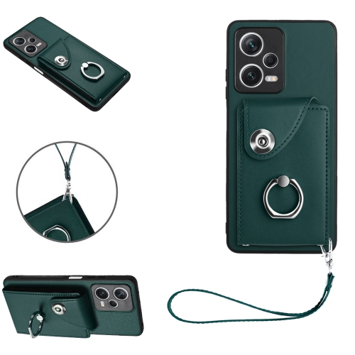 

For Xiaomi Poco X5/Redmi Note 12 5G Global Organ Card Bag Ring Holder PU Phone Case with Lanyard(Green)