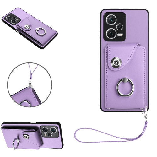 

For Xiaomi Redmi Note 12 Pro+ 5G Global Organ Card Bag Ring Holder PU Phone Case with Lanyard(Purple)